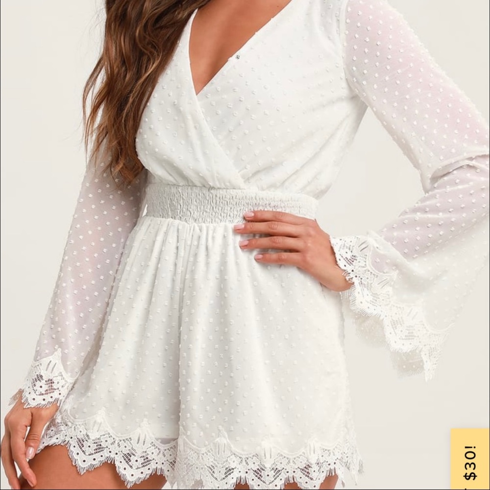 Meadowlake White Swiss Dot Lace Bell Sleeve Romper